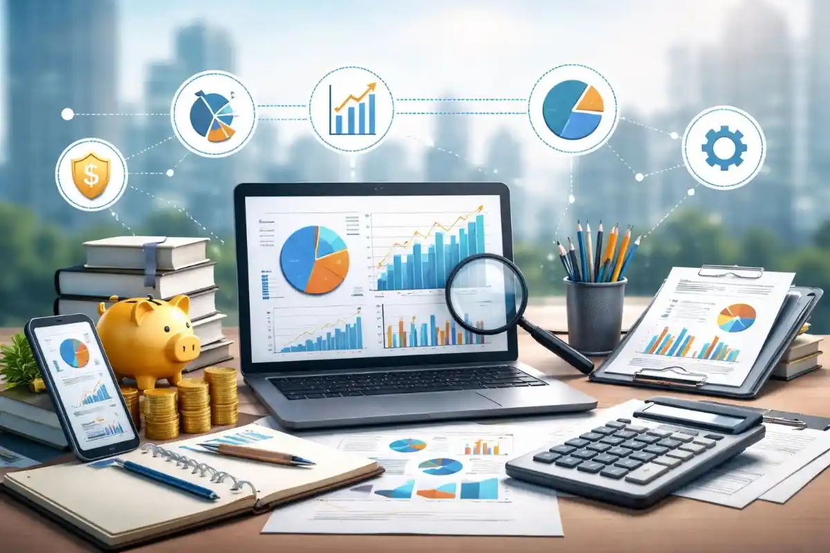 A business workspace with financial data analytics on a laptop screen, a calculator, a piggy bank with coins, and research documents on portfolio management.