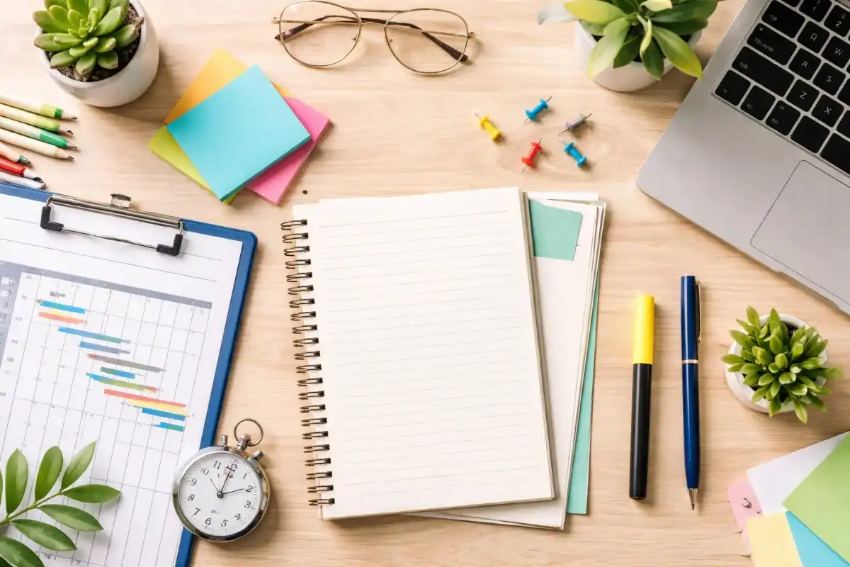 Flat lay view of a wooden office desk featuring an open spiral notebook, laptop, clipboard with a Gantt chart, stopwatch, pens, and small potted succulent plants.