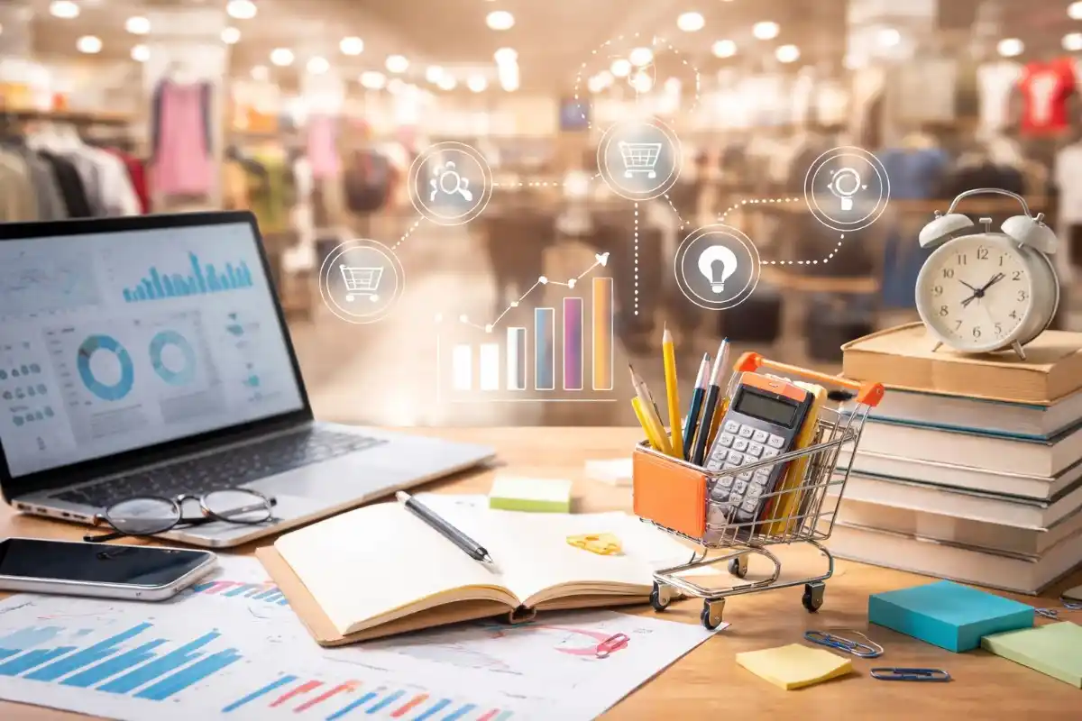 A laptop showing data dashboards next to a mini shopping cart filled with stationery, books, and an alarm clock on an office desk with a blurred retail store background.