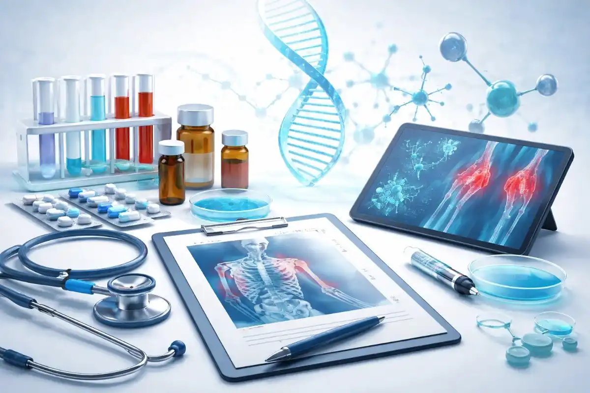 A medical research desk with an X-ray of an inflamed shoulder and a digital tablet showing arthritic knee joints, ideal for rheumatology dissertation topics.