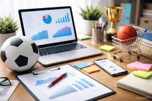 A professional wooden desk featuring a laptop displaying financial charts and graphs next to a soccer ball, a miniature shopping cart holding a basketball, and a gold trophy.