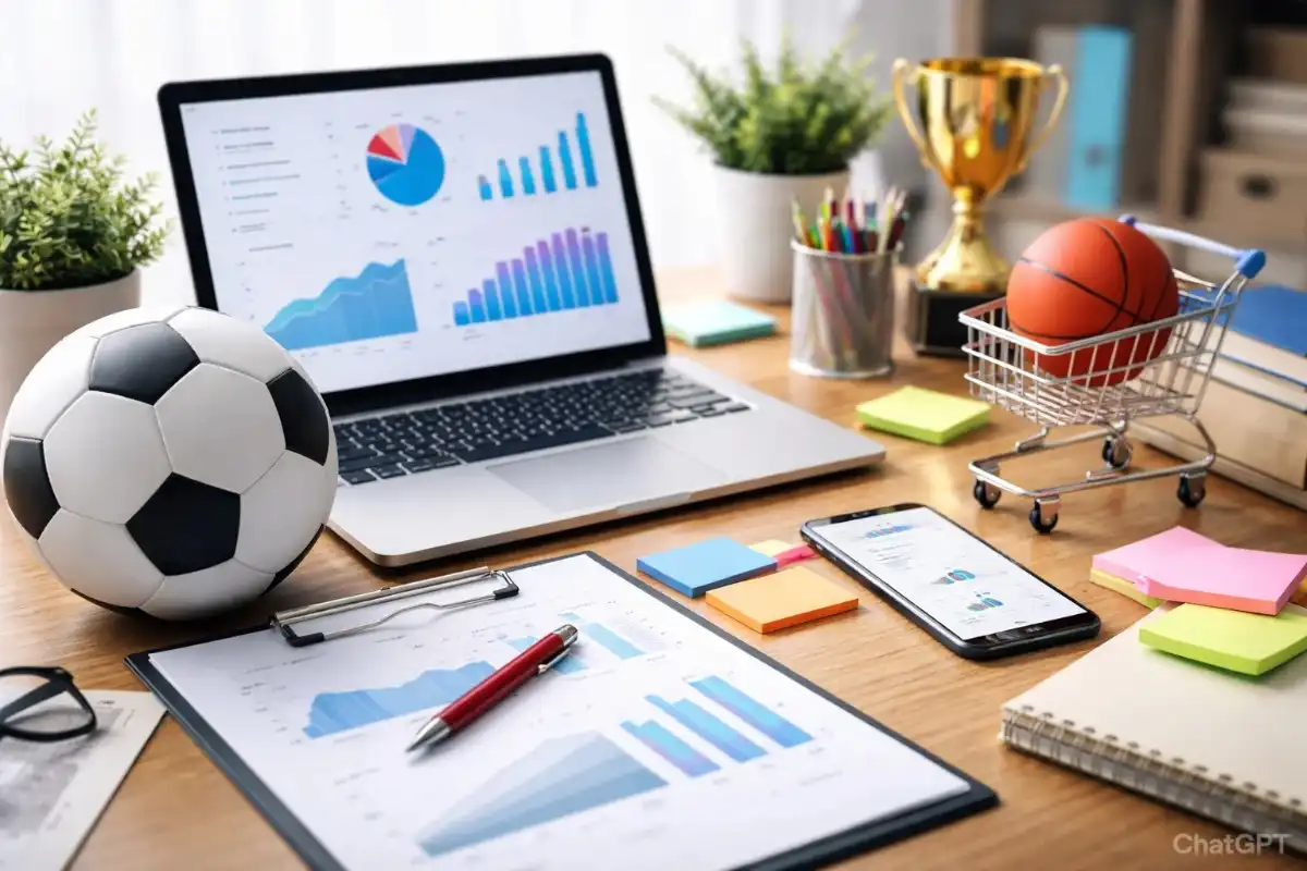 A professional wooden desk featuring a laptop displaying financial charts and graphs next to a soccer ball, a miniature shopping cart holding a basketball, and a gold trophy.