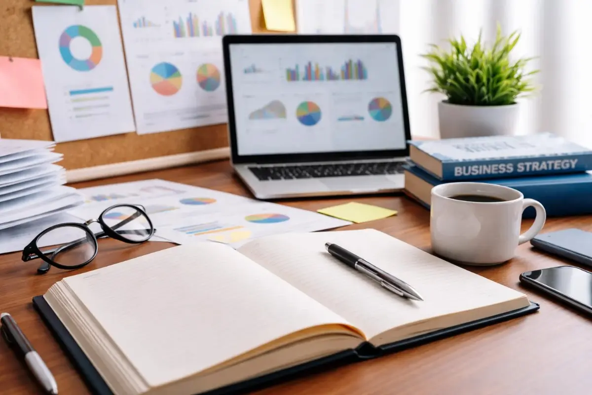Open notebook with a pen on a wooden office desk, featuring a laptop with data charts, glasses, coffee, and business strategy books in the background.