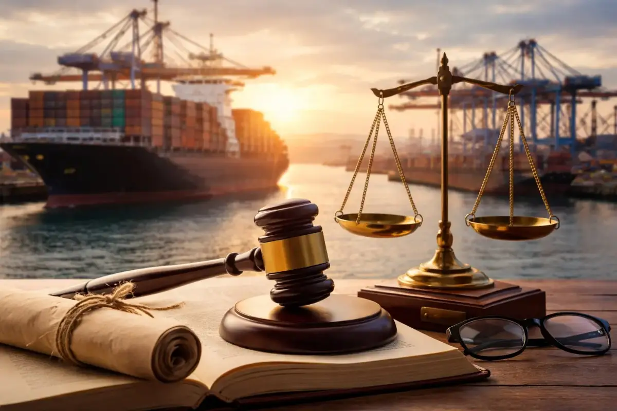 A wooden gavel, brass scales of justice, an open book, and a scroll on a desk with a large container ship at a busy commercial shipping port during sunset in the background.