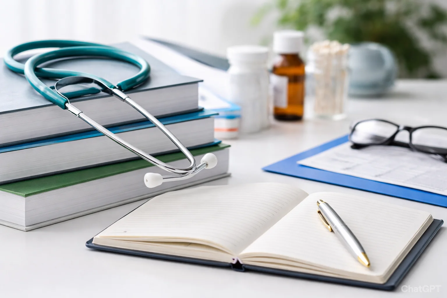 A teal stethoscope resting on a stack of academic textbooks next to an open notebook with a pen, prescription bottles, and eyeglasses on a white desk.