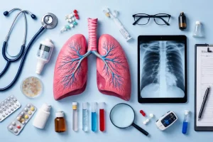 Flat lay of a human lung model, chest X-ray on a tablet, and medical tools, representing pulmonology dissertation topics and respiratory research.