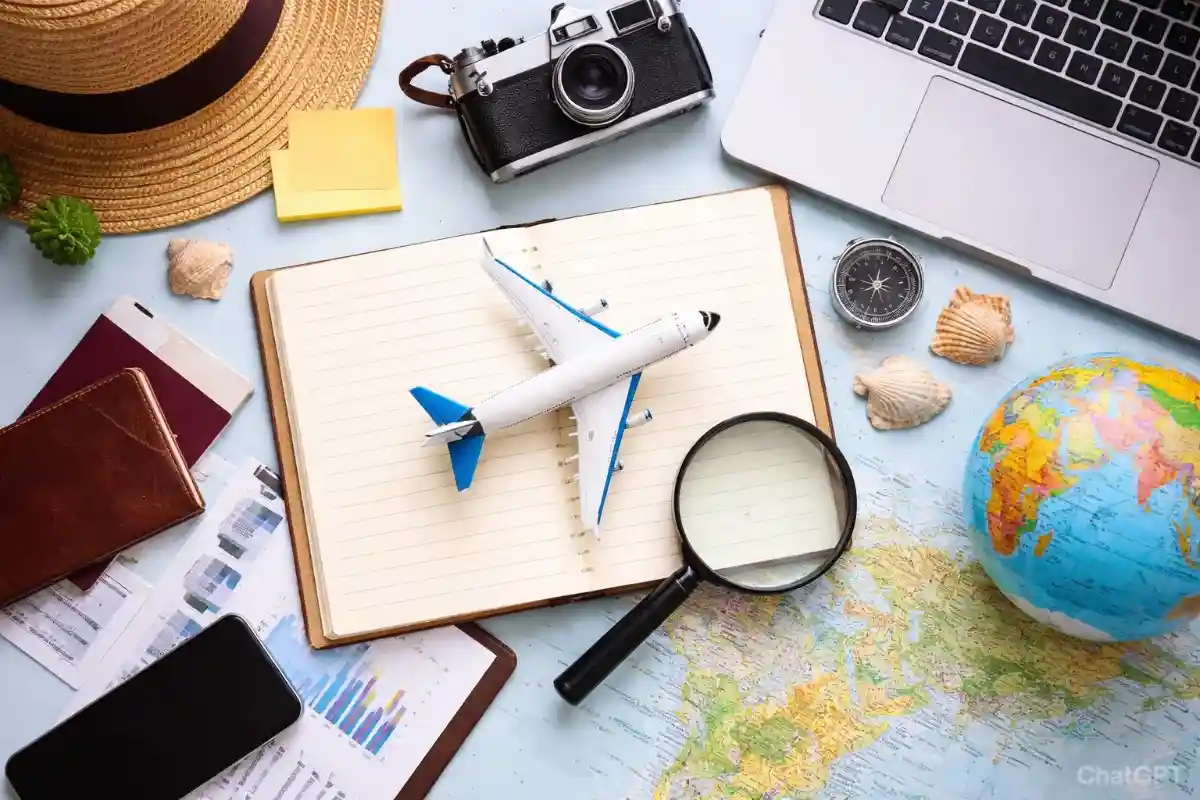 Flat lay of travel essentials including a toy airplane on an open notebook, a map, globe, camera, passport, magnifying glass, and laptop on a light blue background.