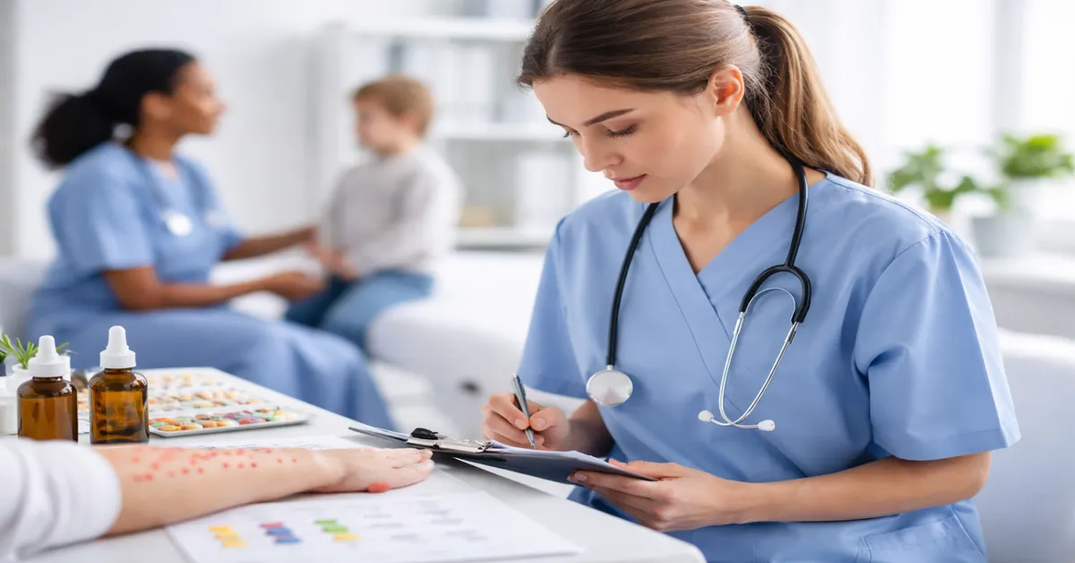 Nurse assessing allergy test results during immunology nursing consultation with patient