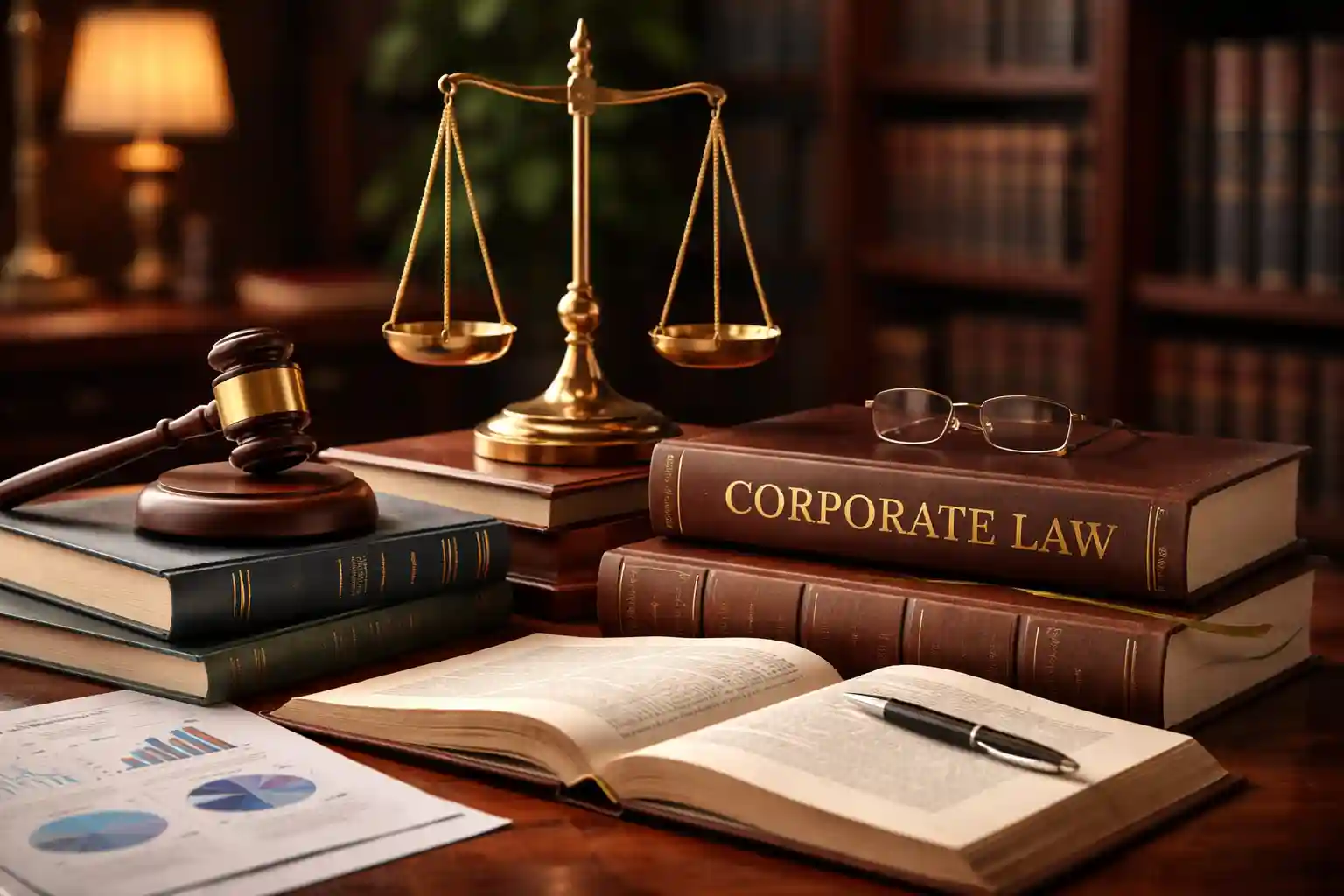 A professional office setup for corporate law research showing a gavel, balance scales, legal books titled 'Corporate Law', open documents, charts, and a pen on a polished desk, illustrating academic legal study.