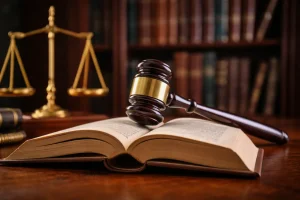 "A wooden judge's gavel resting on an open law book with balanced scales of justice in the background, representing criminal law and legal research."