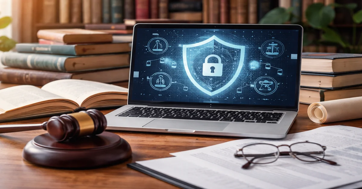 Laptop displaying a digital security shield symbol on screen with law books and a judge’s gavel on a desk representing cyber law and cybersecurity regulation.