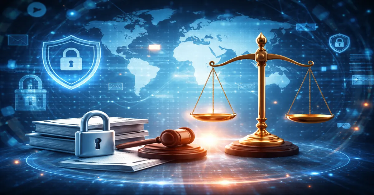 Digital illustration of scales of justice, gavel, padlock, and legal documents against a global network background representing cybercrime law and cybersecurity regulation.
