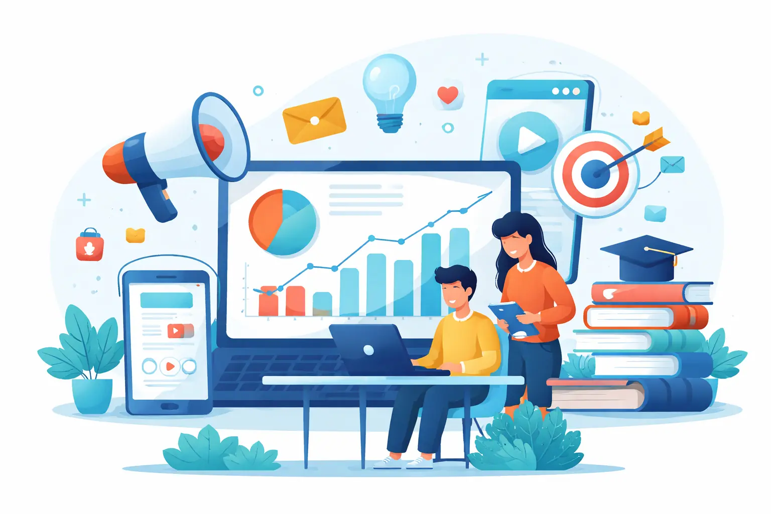 Two young professionals collaborating on a laptop with digital marketing charts and icons like SEO, social media, email, and e-commerce symbols, illustrating an academic and modern workspace.