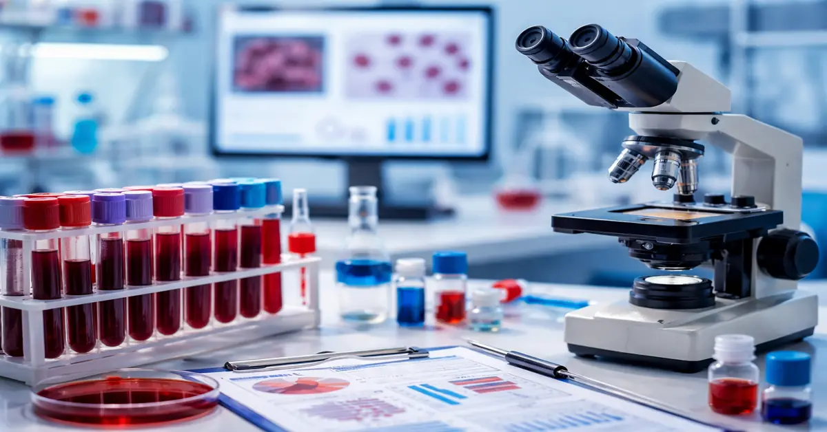 Hematology laboratory setup showing blood samples, microscope, and diagnostic analysis used in academic and clinical research