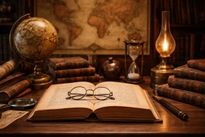 A study setup with antique books, a globe, an hourglass, and a map, representing history dissertation research and academic study.