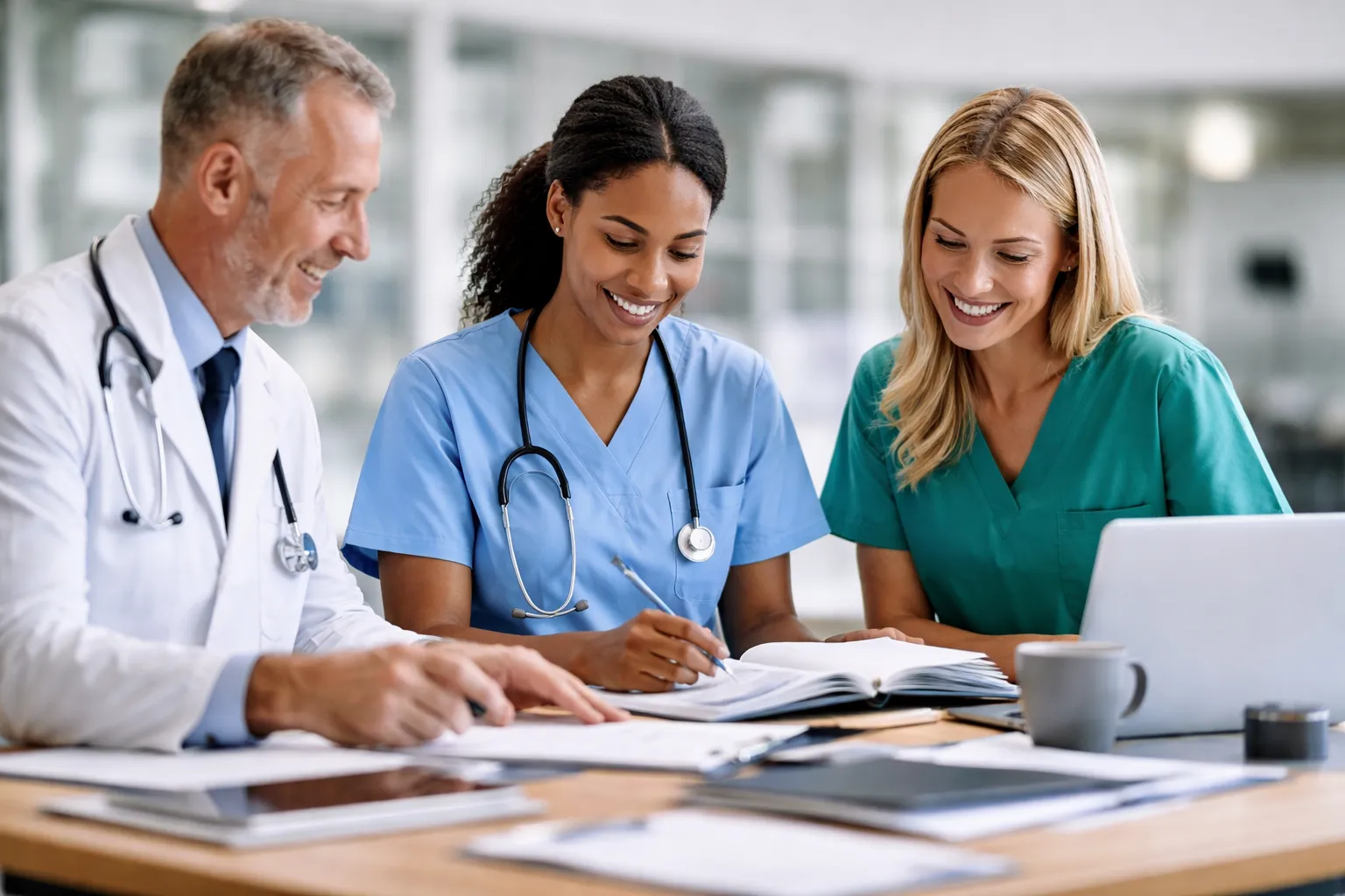 "A group of healthcare professionals, including nurses and doctors, collaborating on infectious disease research with laptops and textbooks in a modern hospital setting."