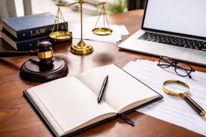 "A law-themed workspace featuring law books, a gavel, scales of justice, an open notebook, and a laptop, representing legal research and dissertation