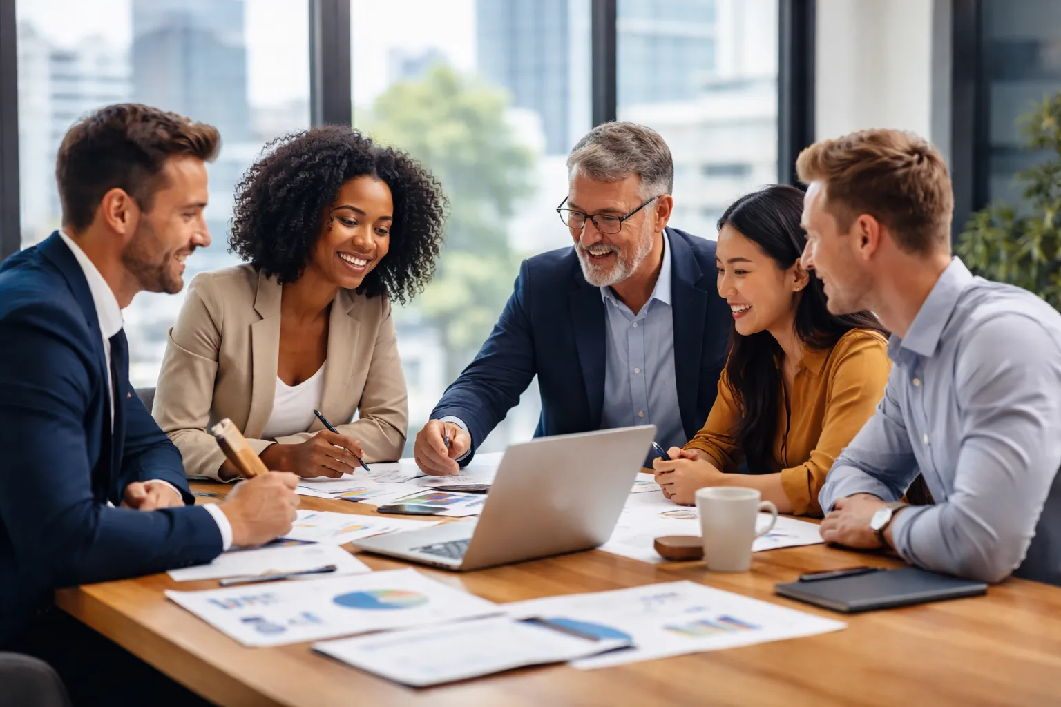 A diverse group of business leaders discussing charts and strategies around a table in a modern office environment.