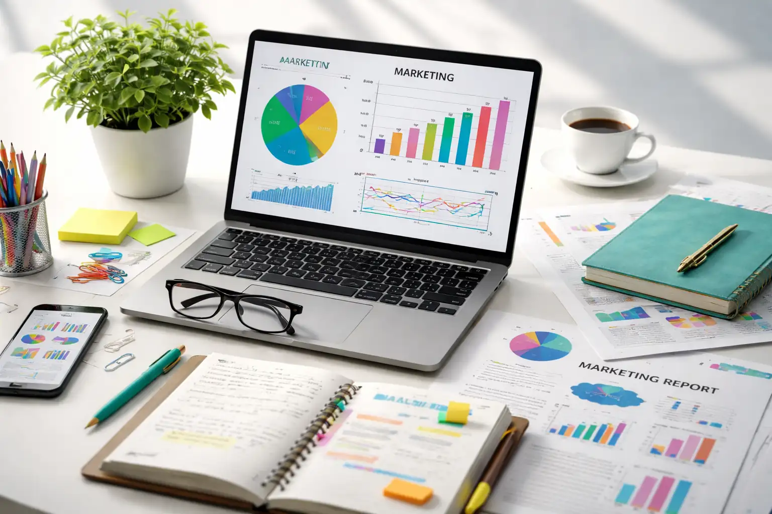 A clean workspace featuring a laptop with colourful marketing charts, notebooks, coffee cup, glasses, and stationery, representing academic marketing research and analysis.