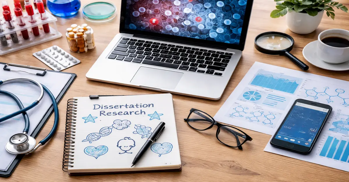Medical research desk setup with laptop showing cell imagery, stethoscope, laboratory samples, charts, and healthcare documents representing medicine dissertation topics for 2026.