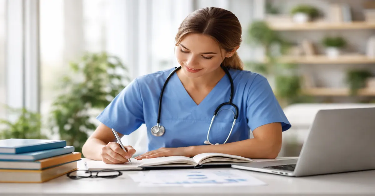 A professional mental health nurse in blue scrubs writing notes at a desk surrounded by books and a laptop, representing research and academic work in nursing.