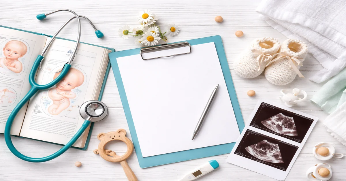 Flat lay of midwifery study materials including stethoscope, ultrasound images, clipboard, and neonatal items representing dissertation research in midwifery nursing.