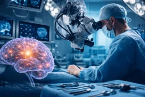 Detailed illustration of a human brain with surgical tools and MRI scans representing neurosurgery research and medical study