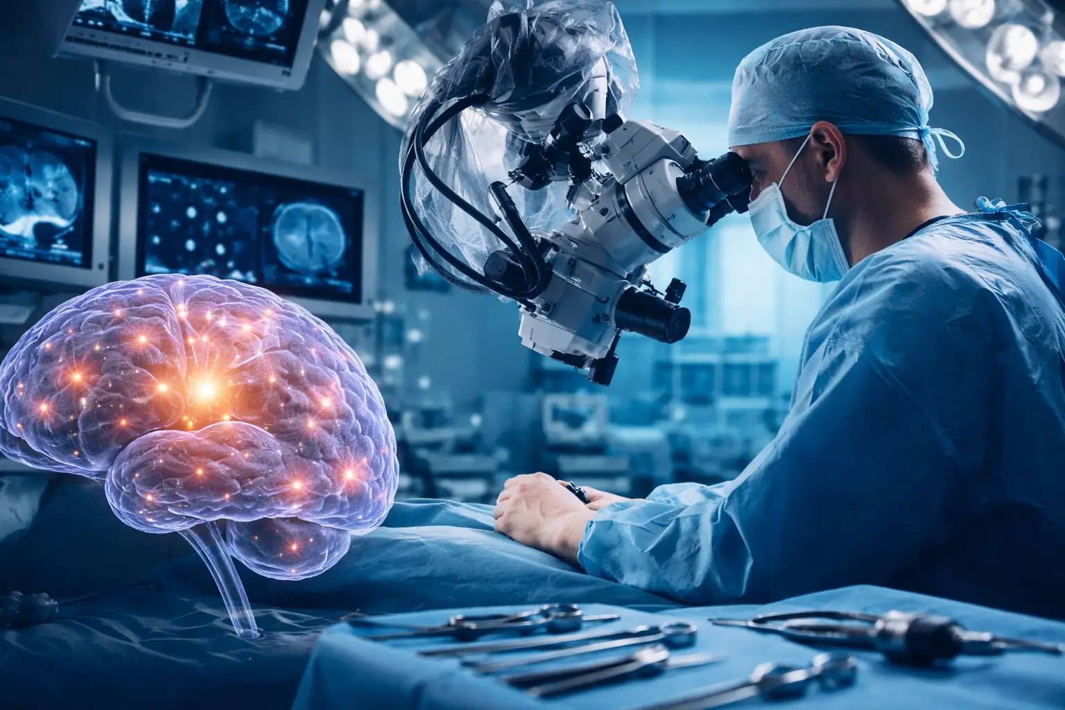 Detailed illustration of a human brain with surgical tools and MRI scans representing neurosurgery research and medical study