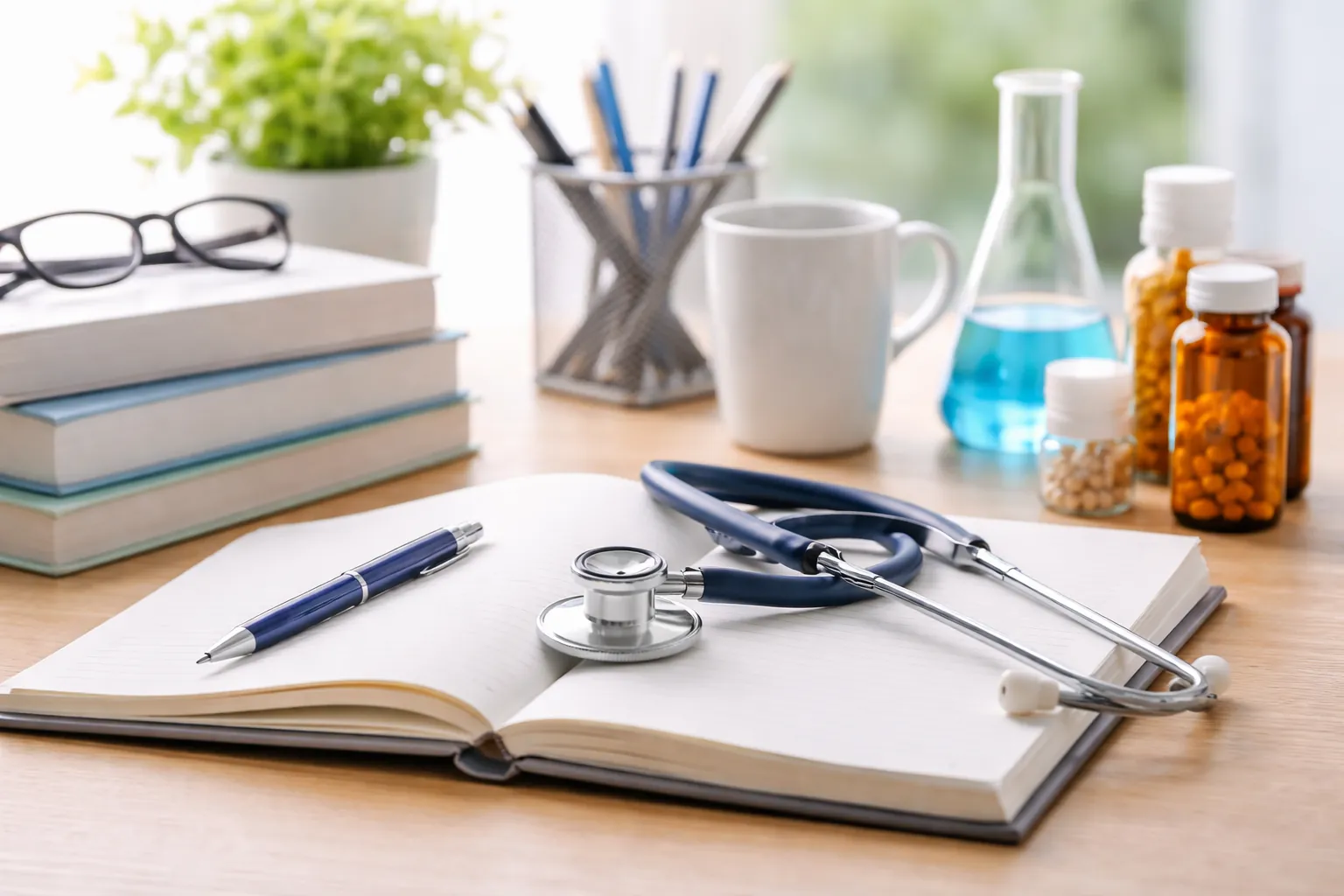 A stethoscope resting on an open notebook surrounded by medical textbooks, a coffee mug, pens, and medicine bottles, representing nursing research and study.