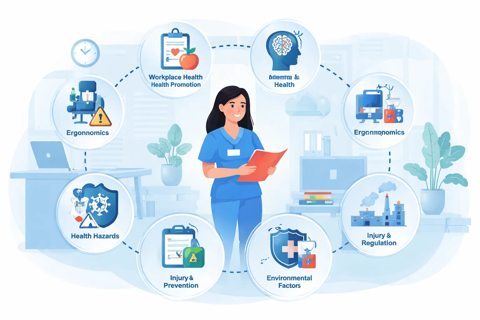 "A professional nurse in blue scrubs surrounded by icons representing workplace health promotion, ergonomics, mental health, health hazards, injury prevention, and environmental factors in a modern office setting.