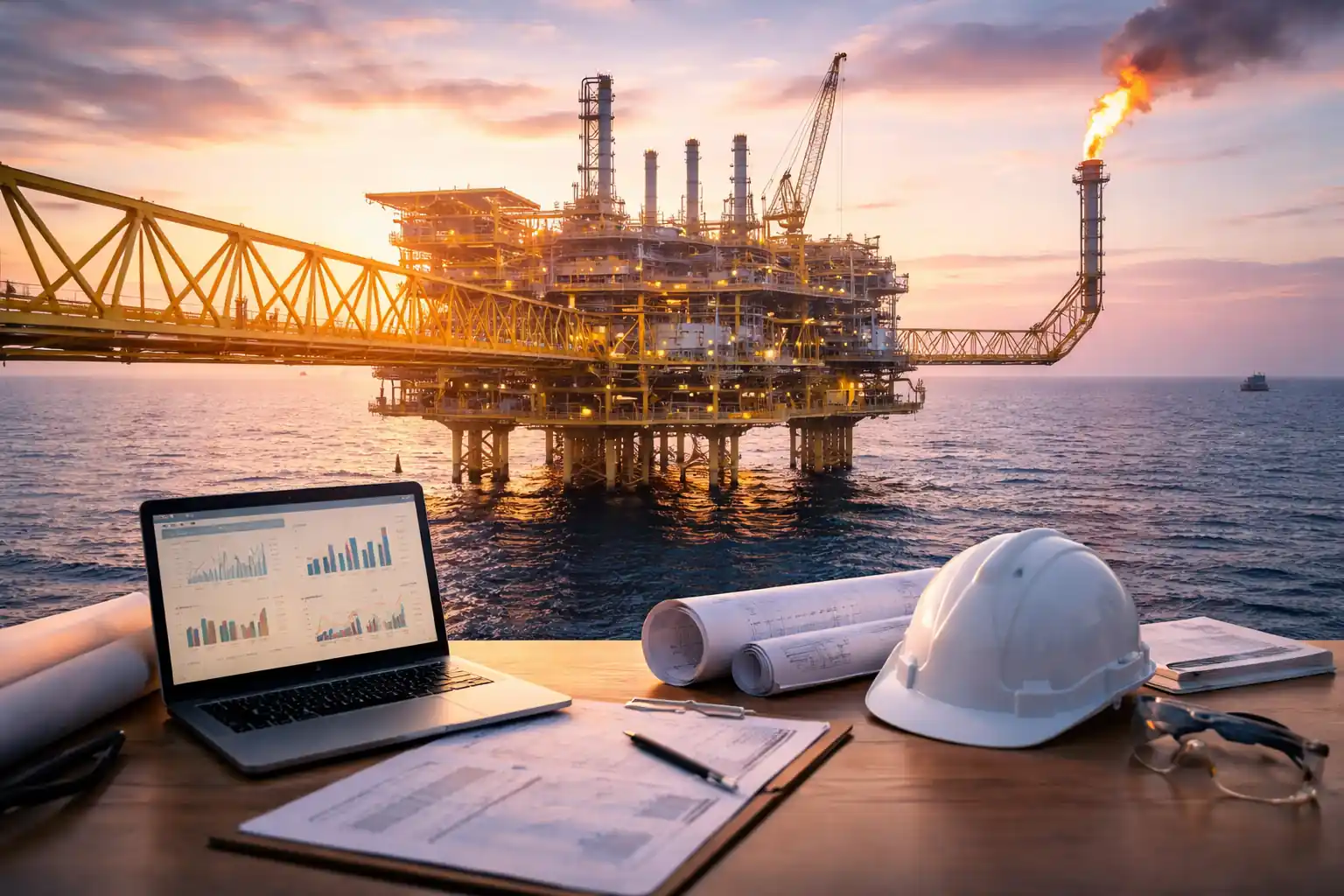 An offshore oil platform at sunset with a laptop displaying data charts, safety helmet, and blueprints in the foreground, representing oil and gas management research.