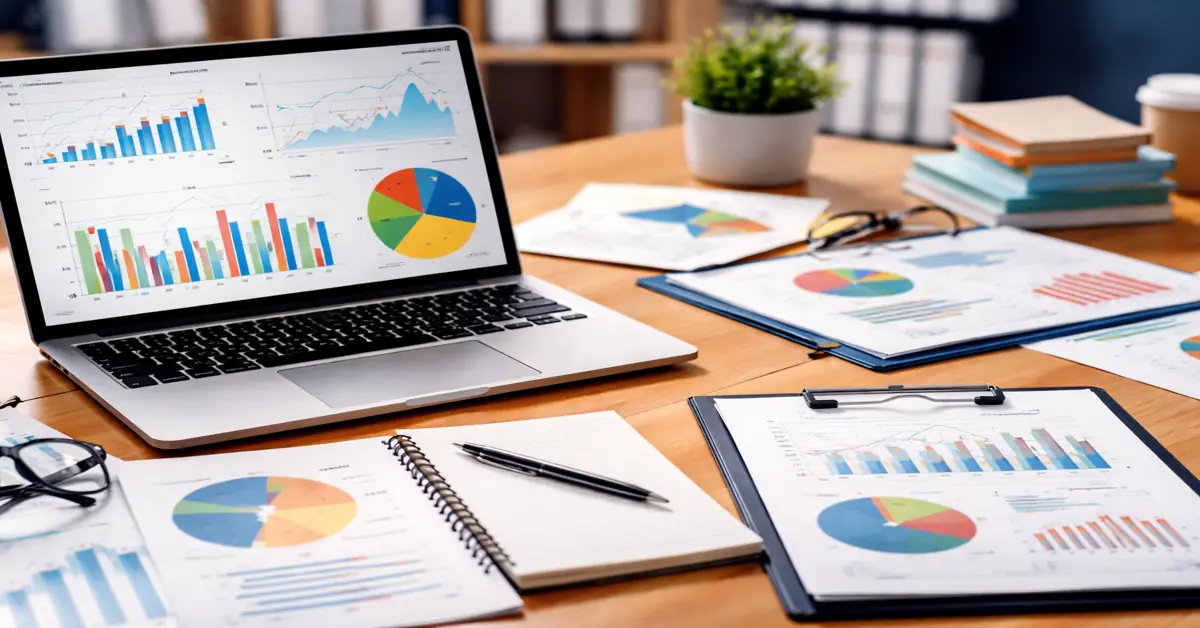 Operations management research workspace showing data charts, reports, and analytical tools on a desk