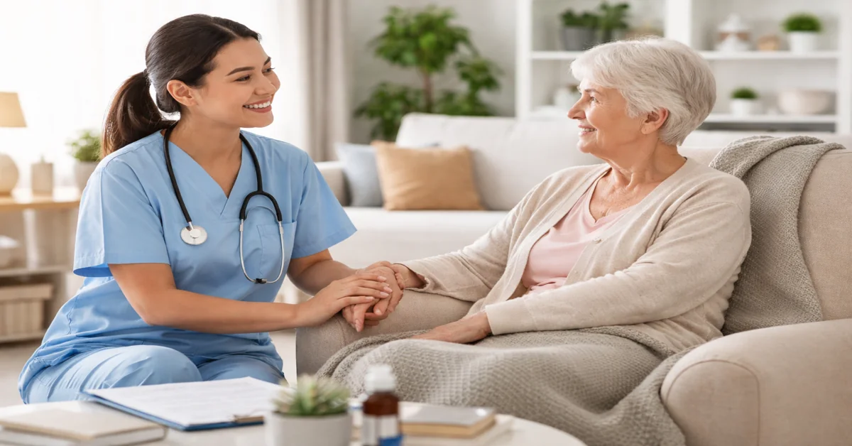 Palliative care nurse holding the hand of an elderly patient in a home setting, demonstrating compassionate end-of-life nursing support.