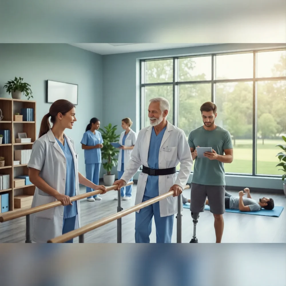 A senior man practicing walking on parallel bars with a therapist in a bright physical therapy clinic, while a man with a prosthetic leg stands nearby.