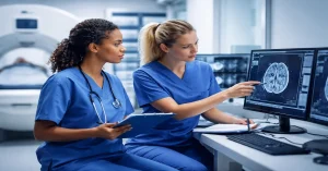 Two radiology nurses reviewing brain scan images on a computer monitor in a modern diagnostic imaging department with a CT scanner in the background.