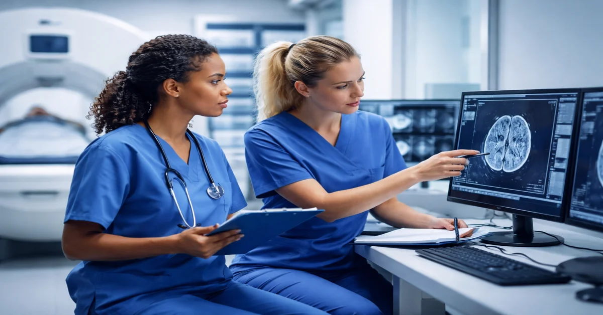 Two radiology nurses reviewing brain scan images on a computer monitor in a modern diagnostic imaging department with a CT scanner in the background.