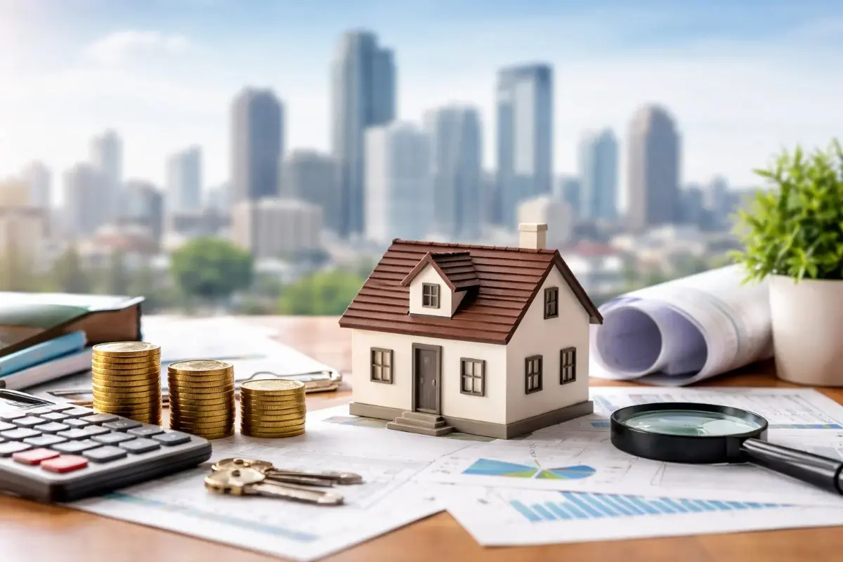 A small model house on a desk with stacks of gold coins, a calculator, keys, financial charts, and a blurry city skyline background.