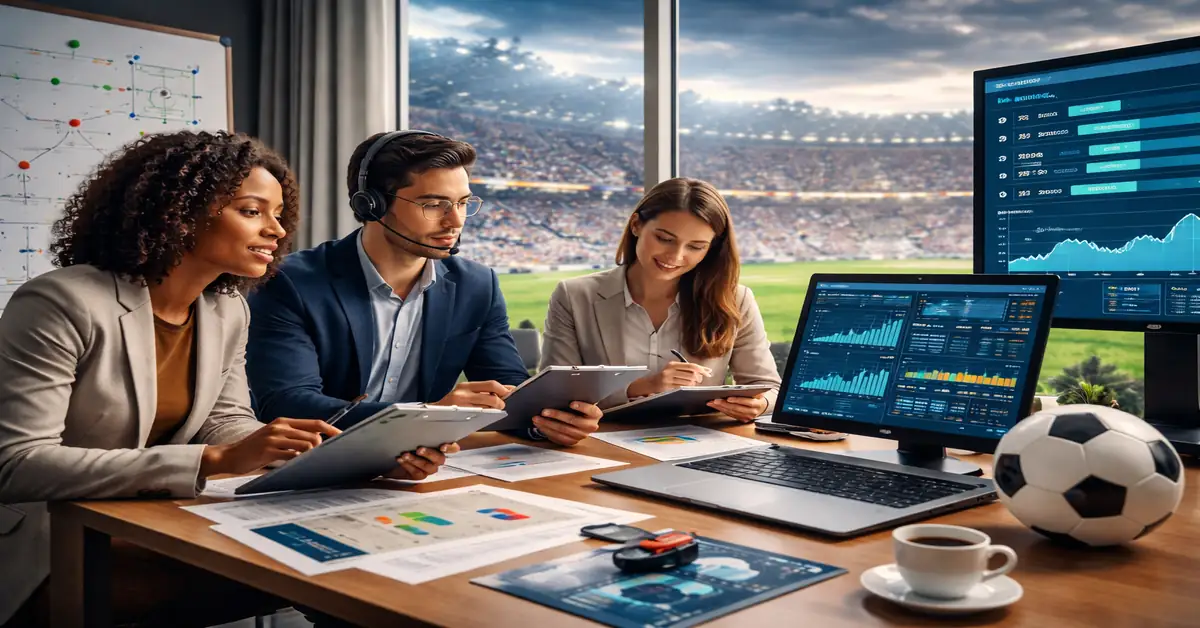 Sports management professionals analysing performance data and event operations in a modern stadium office setting
