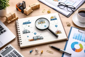 A supply chain and logistics concept flat lay featuring a spiral notebook with a network diagram under a magnifying glass, surrounded by a toy forklift, miniature cargo boxes, a calculator, graphs, and a coffee cup on a wooden desk.