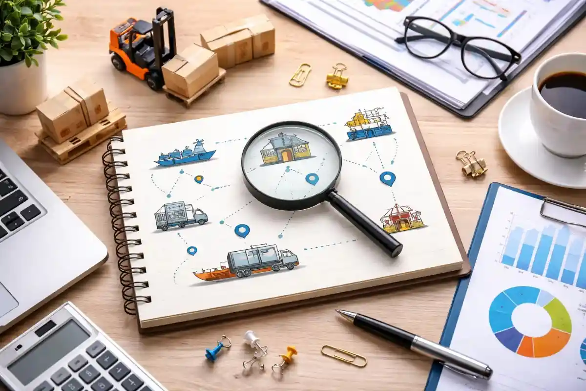 A supply chain and logistics concept flat lay featuring a spiral notebook with a network diagram under a magnifying glass, surrounded by a toy forklift, miniature cargo boxes, a calculator, graphs, and a coffee cup on a wooden desk.