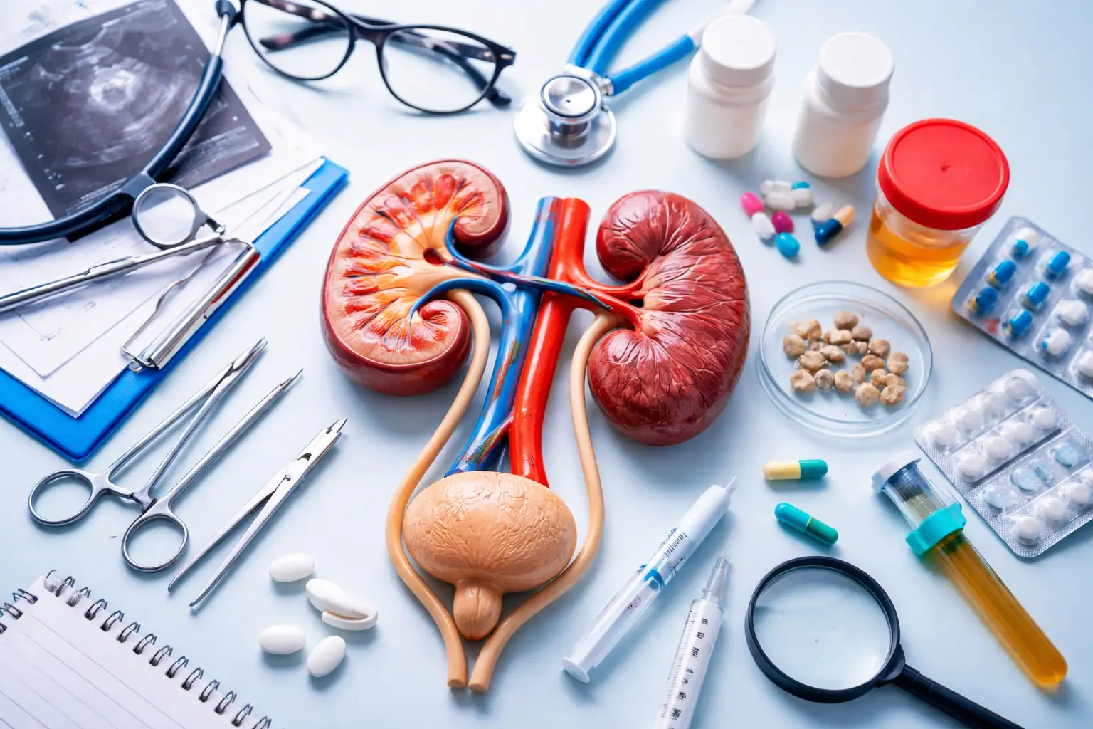 Anatomical model of human kidneys and urinary system surrounded by medical tools, illustrating urology research and clinical study.