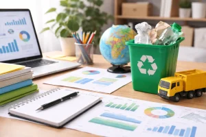 A high-resolution image of a workspace for waste management research, featuring a green recycling bin, charts, a globe, a toy garbage truck, reports, and stationery, symbolising academic and industrial waste management studies