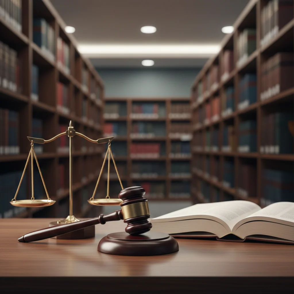 A wooden legal gavel, gold scales of justice, and an open law book on a library table, symbolising research into tort law dissertation topics in a university setting.