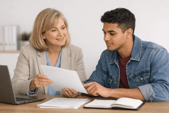 Academic Advisor Reviewing Student Papers Professional academic advisor guiding a student with research papers at a desk in a calm neutral office
