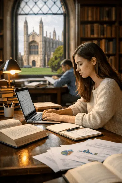 Focused student writing a dissertation on a laptop in a Cambridge-style library with books and King’s College visible outside the window