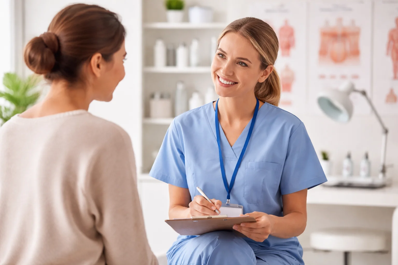 Dermatology nurse in blue scrubs consulting with a female patient in a modern clinical setting while taking notes during a skin assessment appointment.