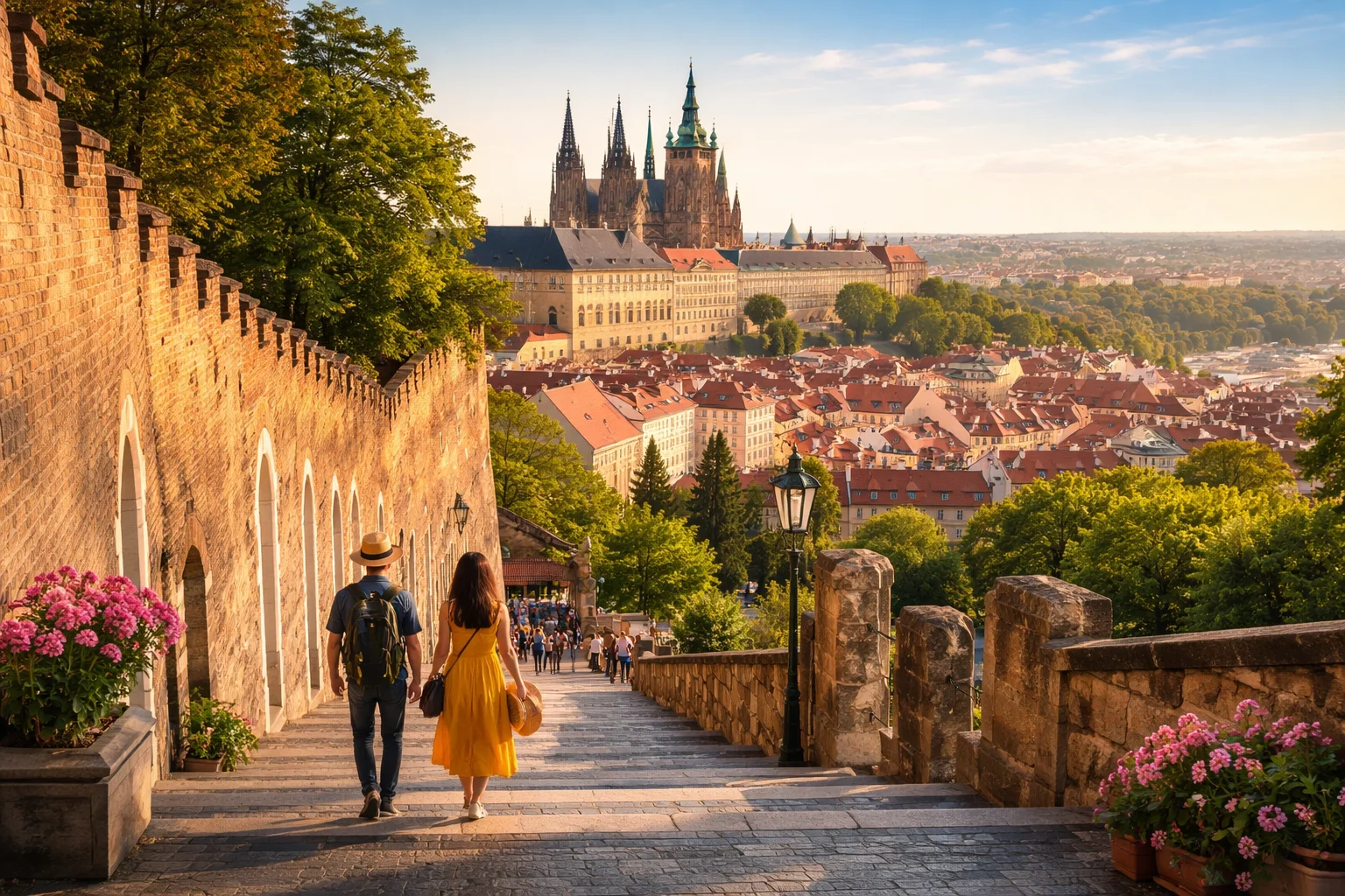 Tourists exploring a historic European city with cathedral architecture and traditional buildings representing cultural and heritage tourism.