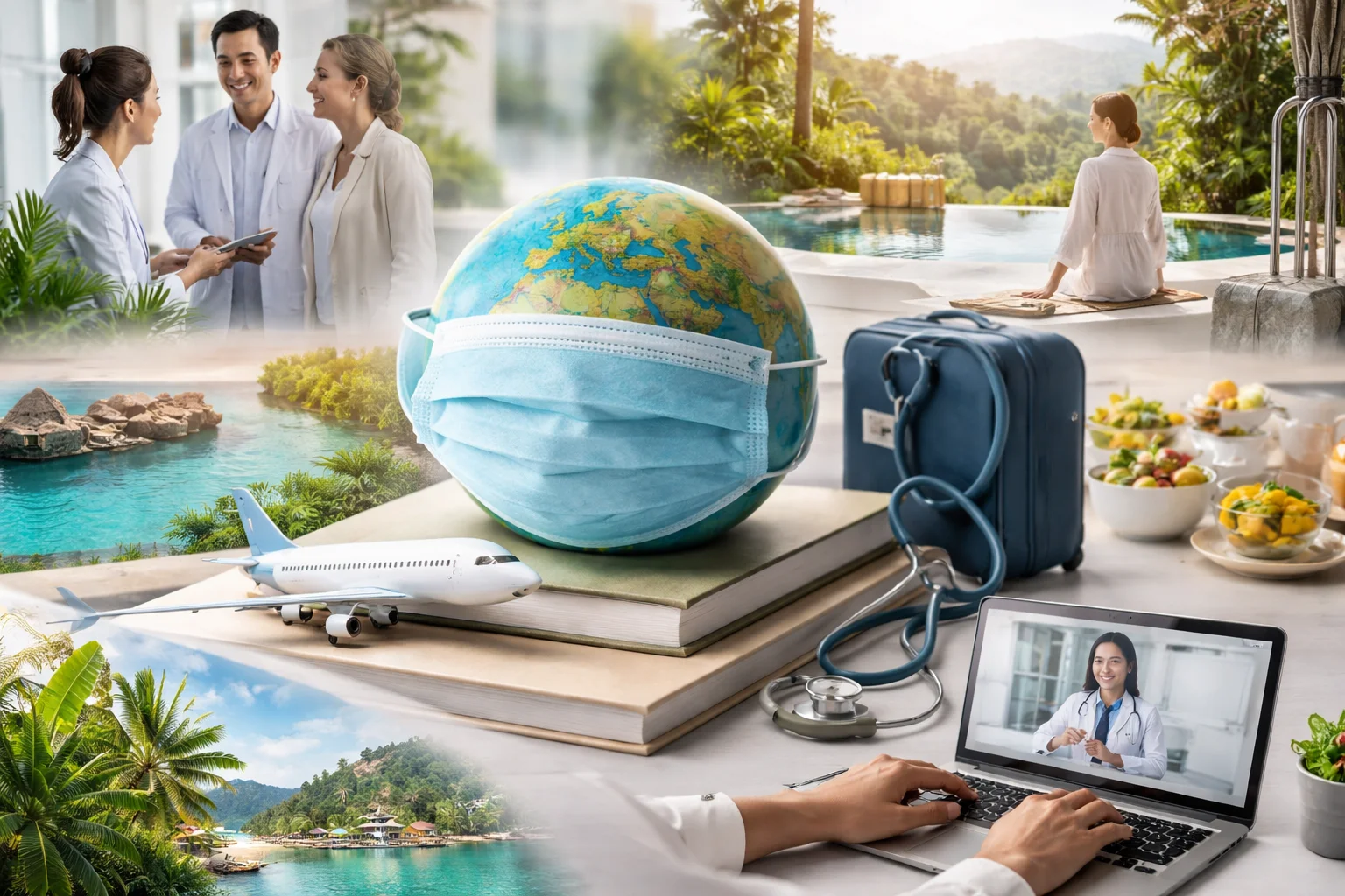 alt text Alt Text: Collage illustrating medical and wellness tourism with a globe wearing a medical mask on books, an airplane model, hospital consultation, spa retreat, suitcase with stethoscope, and telemedicine session.