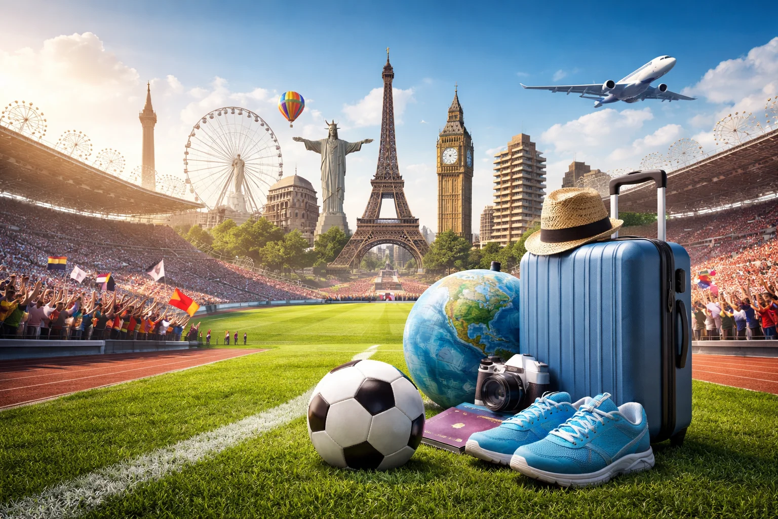 International sports stadium with travelling fans, athletes, and tourists exploring a modern city skyline, representing global sports tourism and major sporting events.