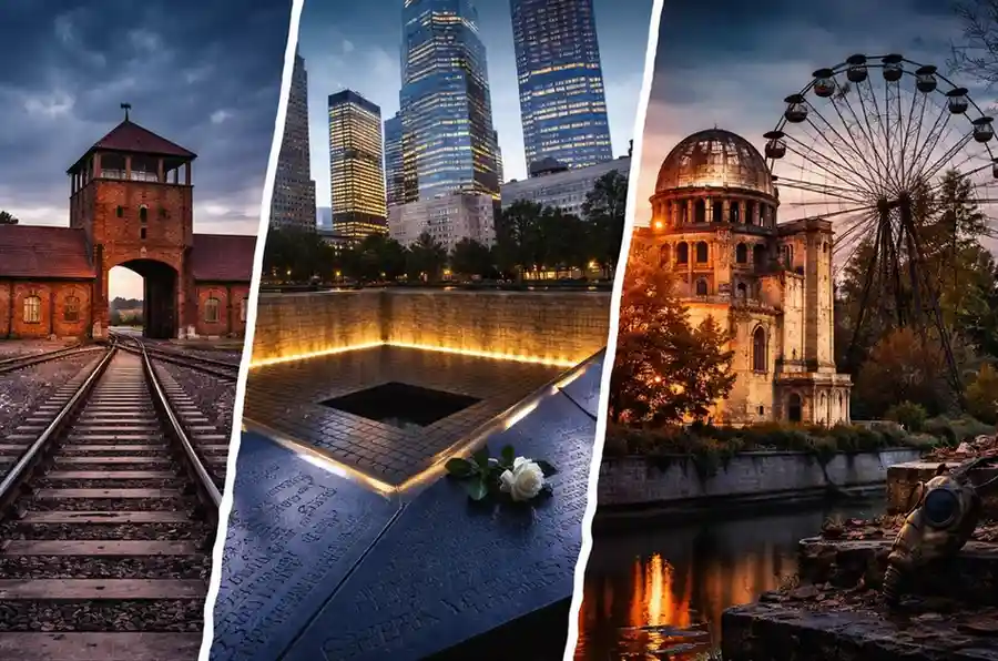 Collage featuring Auschwitz railway tracks, the 9/11 Memorial in New York, and an abandoned Ferris wheel near Chernobyl at sunset.